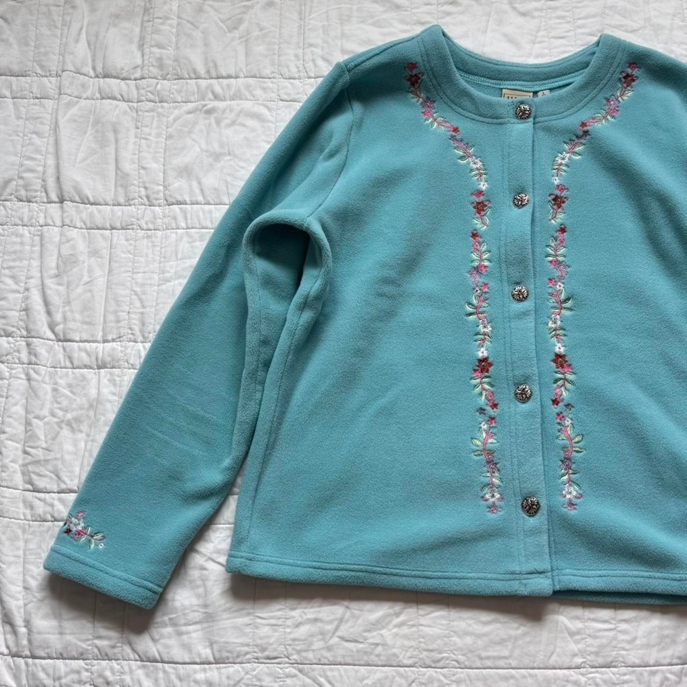 L.L.Bean vintage 90s fleece embroidered cardigan sweater sz L cottage fairy boho
